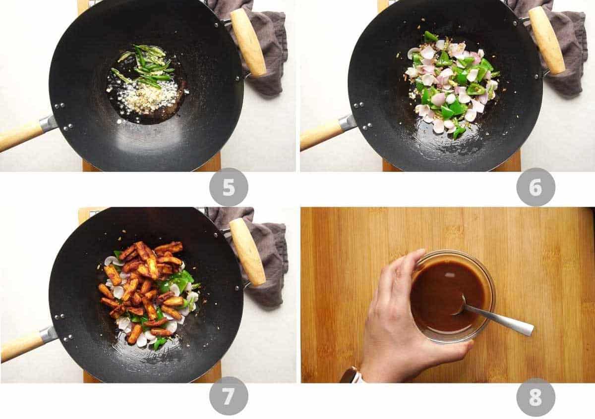 Step by step picture collage showing how to make babycorn chilli