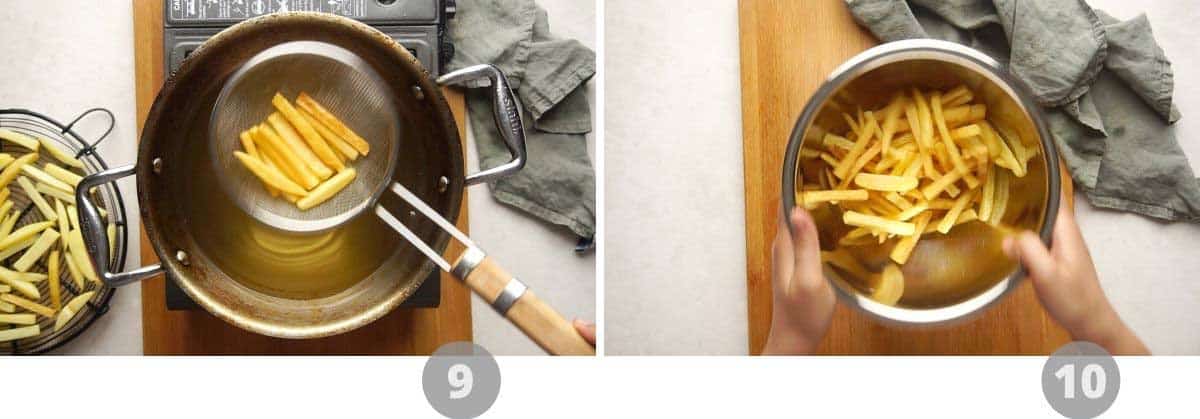 Step by step picture collage showing how to make french fries
