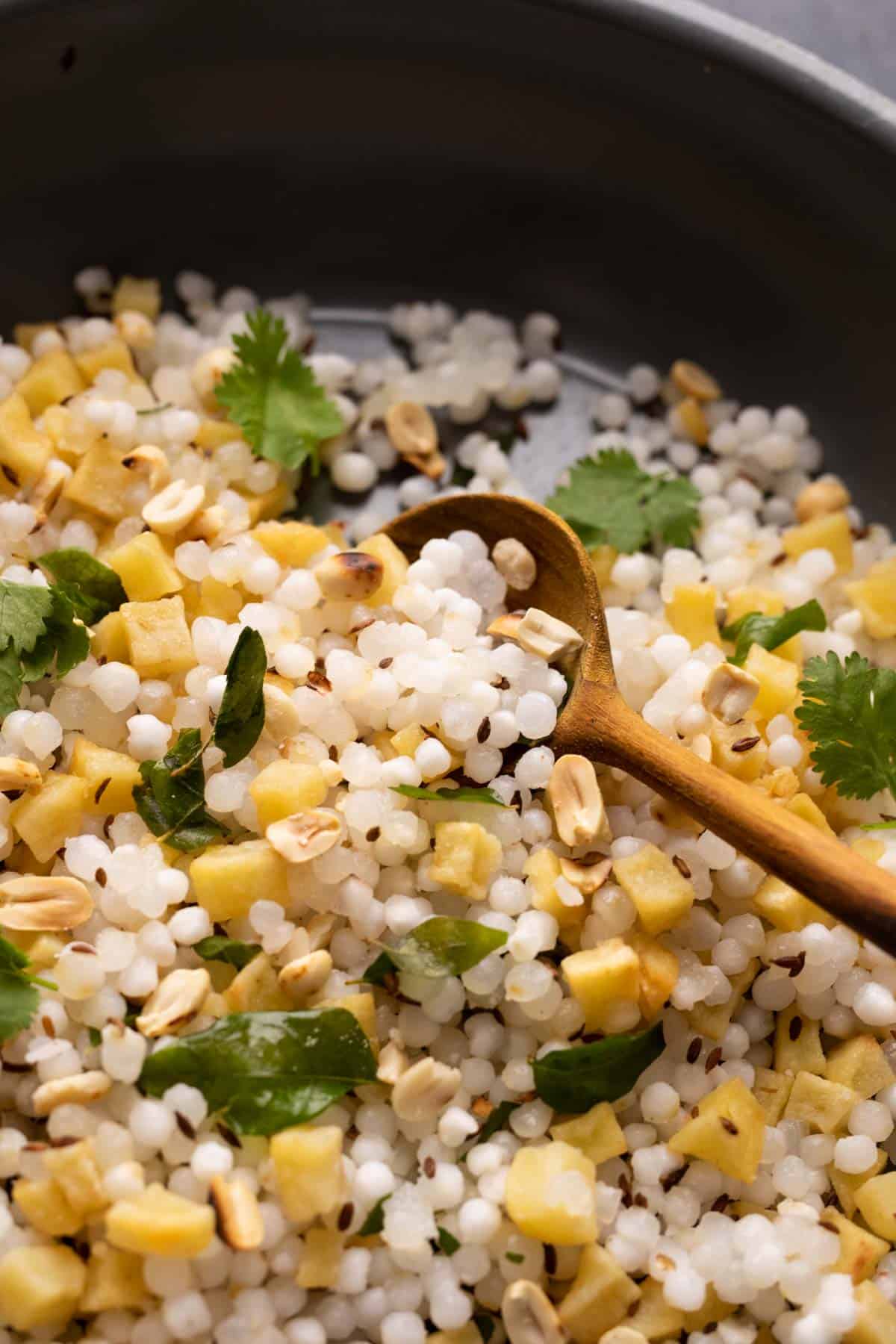 Close up of sabudana khichdi in a pan