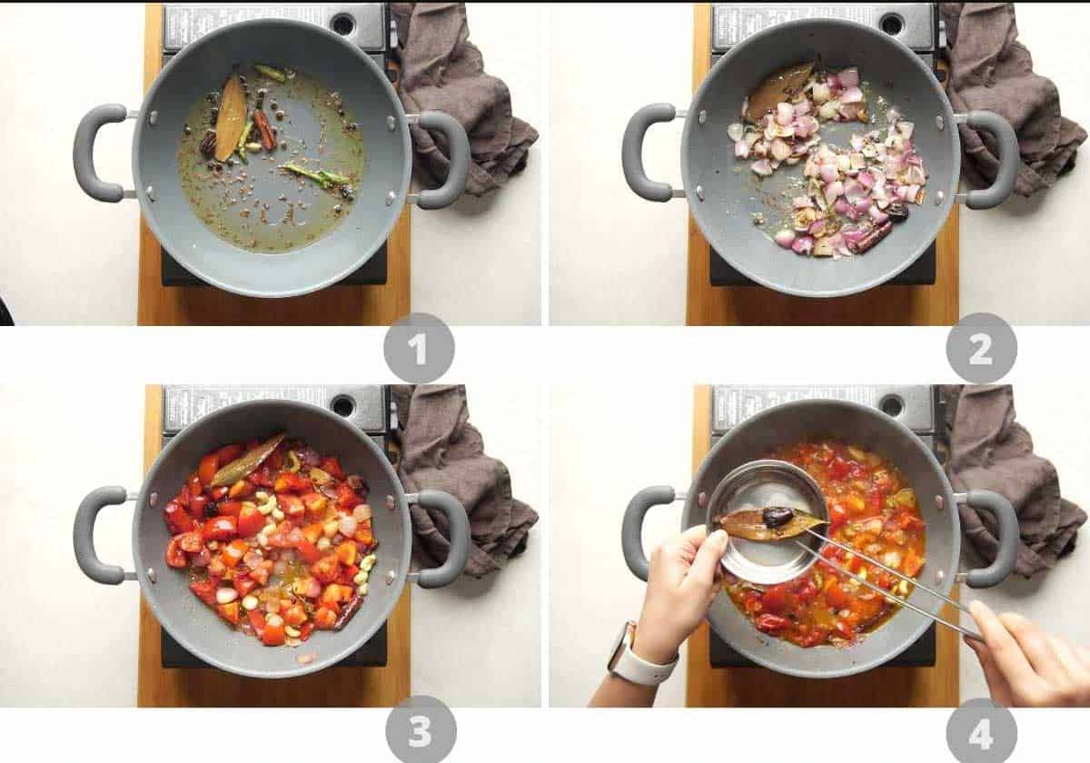 Step by step picture collage showing how to make shahi paneer