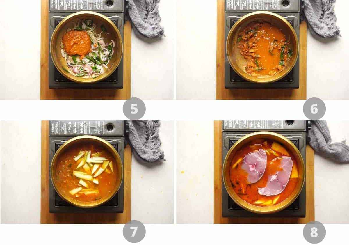 Step-by-step picture collage showing how to make Raw Mango Fish Curry