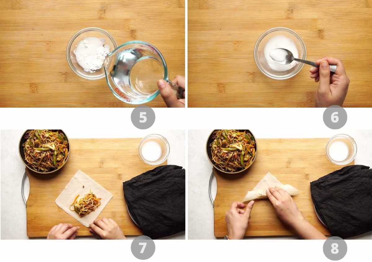 Step by step picture collage showing how to make veg spring rolls