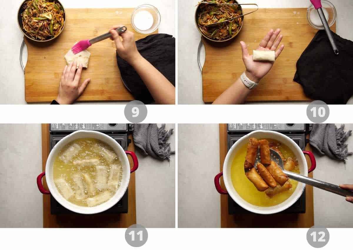 Step by step picture collage showing how to make veg spring rolls