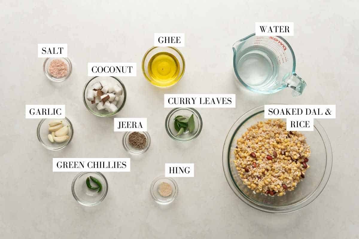 Ingredients for high protein dosa laid out with text to identify them