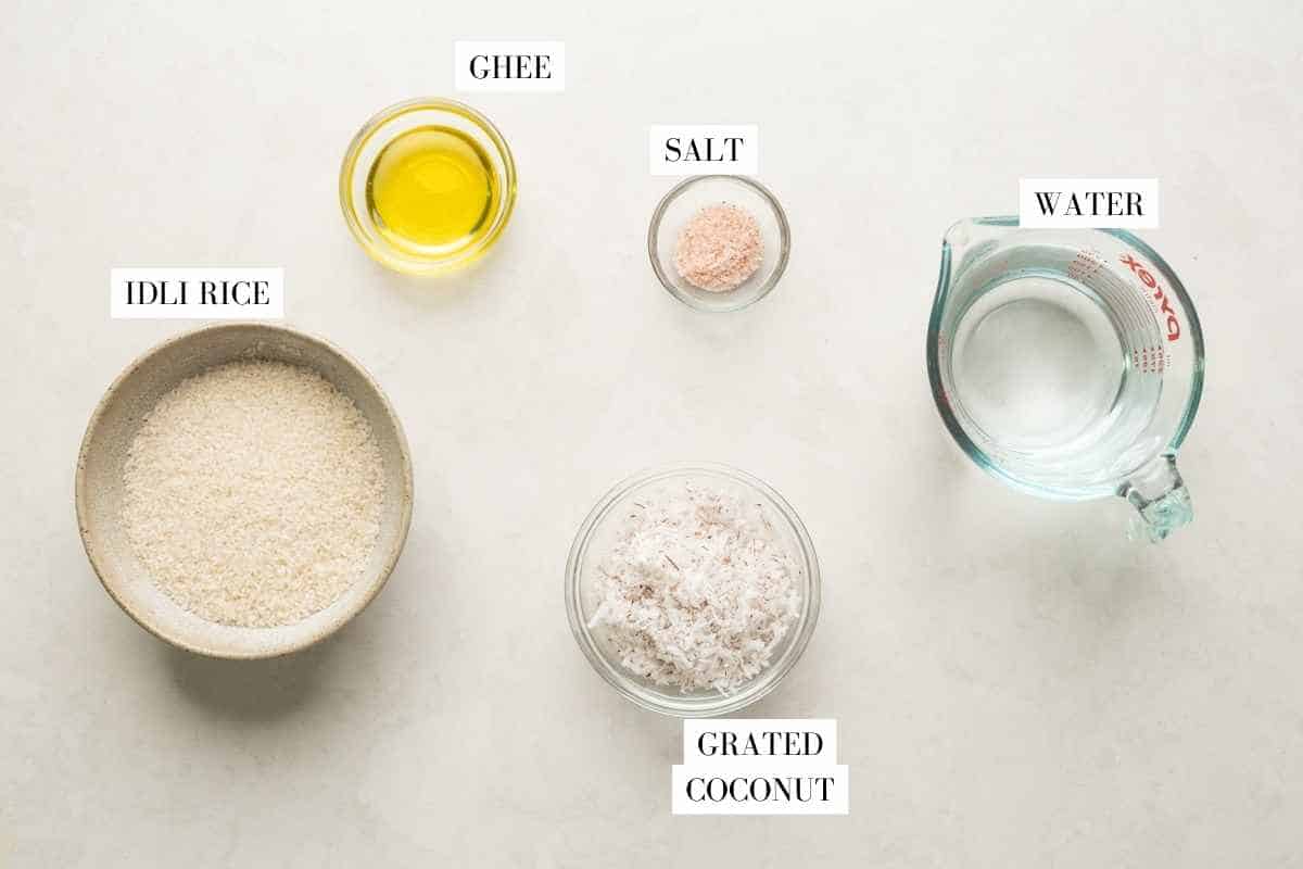 Picture of all the ingredients for neer dosa with text overlay