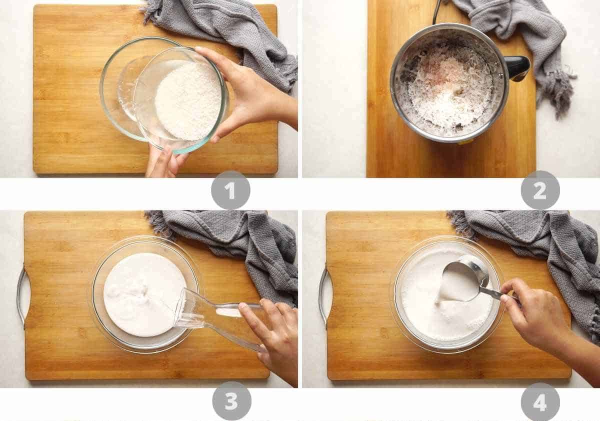 Step by step picture collage showing how to make neer dosa
