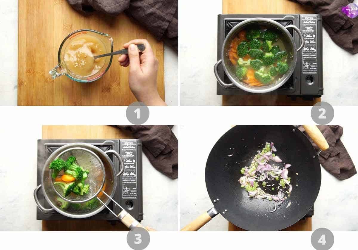 Step by step picture collage showing how to stir fry