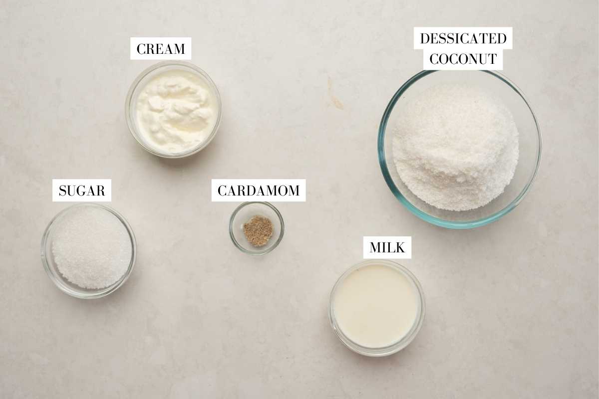Picture of all the ingredients for coconut barfi with text to identify them