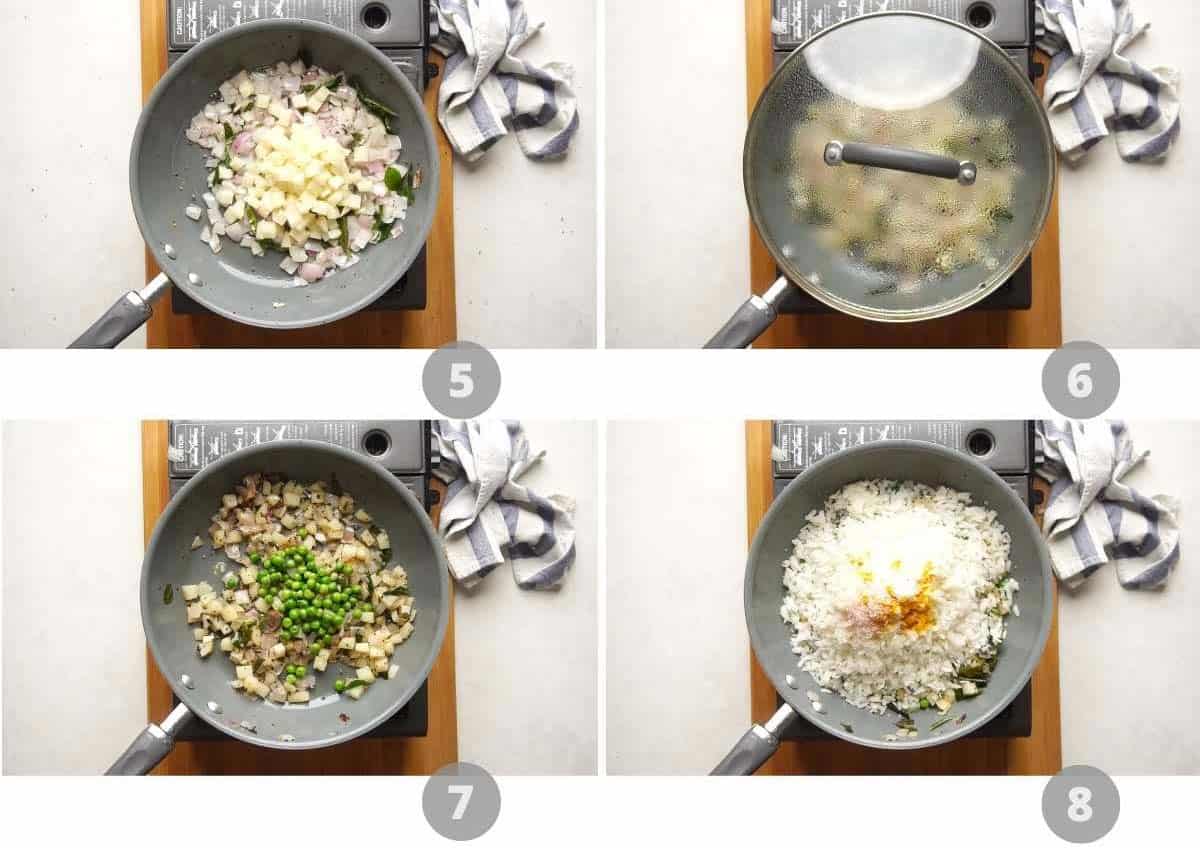 Step by step picture collage showing how to make Kanda Batata Poha