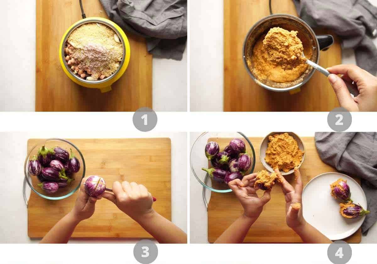 Step by step picture collage showing how to make stuffed brinjal curry