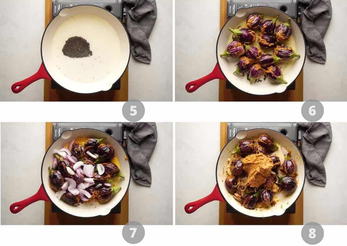Step by step picture collage showing how to make stuffed brinjal curry