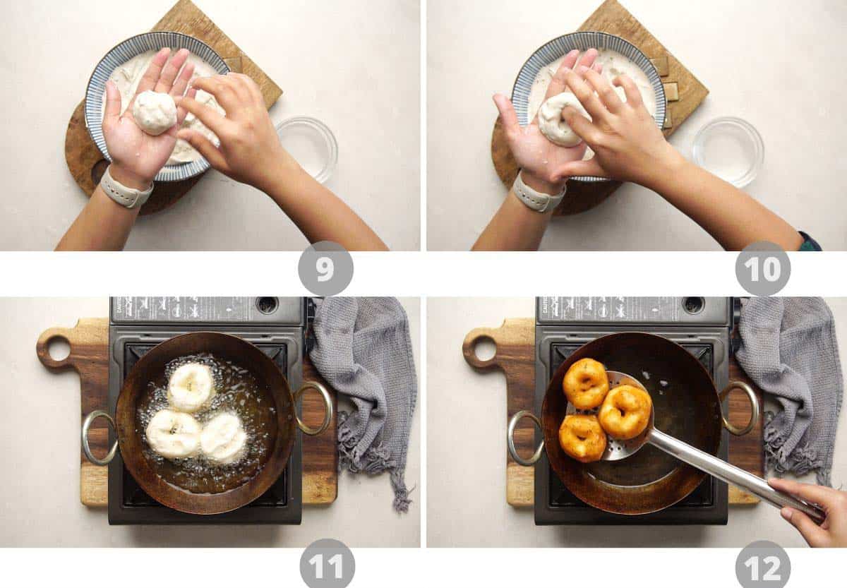 Step by step picture collage showing how to make medu vada