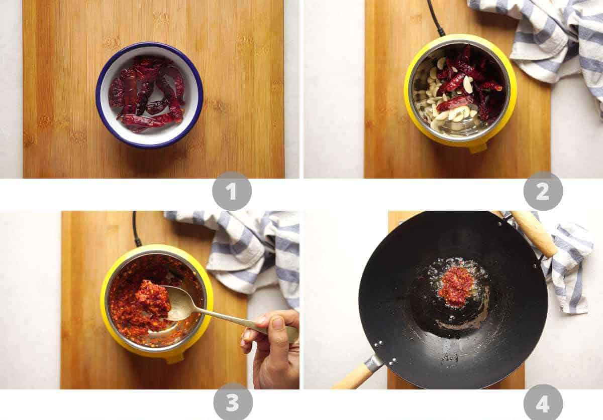Step by step picture collage showing how to make chilli garlic fried rice