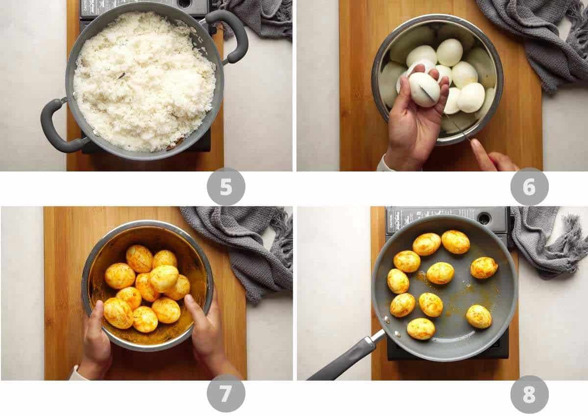 Step by step picture collage showing how to make egg biryani