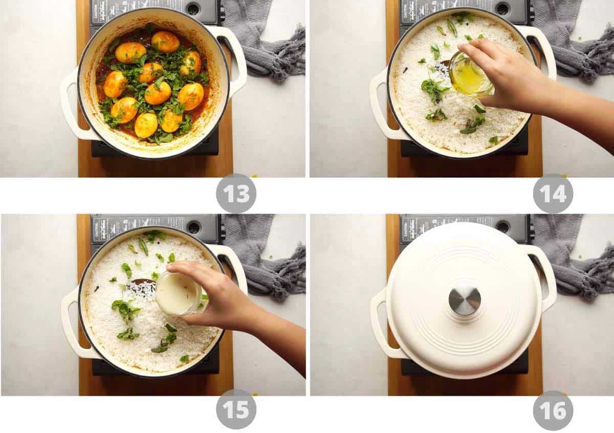 Step by step picture collage showing how to make egg biryani