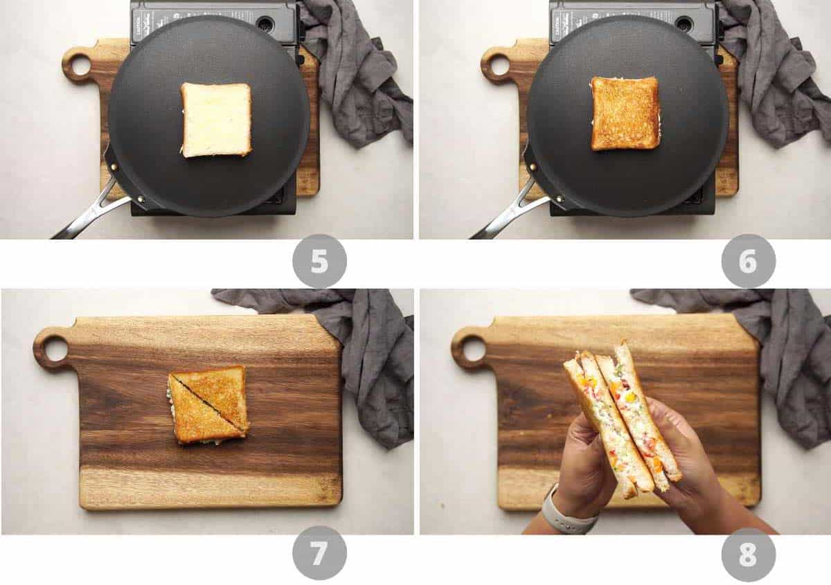 Step by step picture collage showing how to make dahi sandwich