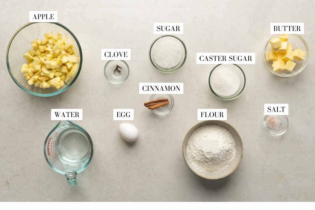 Picture of all the ingredients required for the apple pie chips with text to identify them