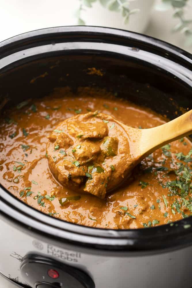 A shot of a ladle-full of chicken tikka masala in a slow cooker