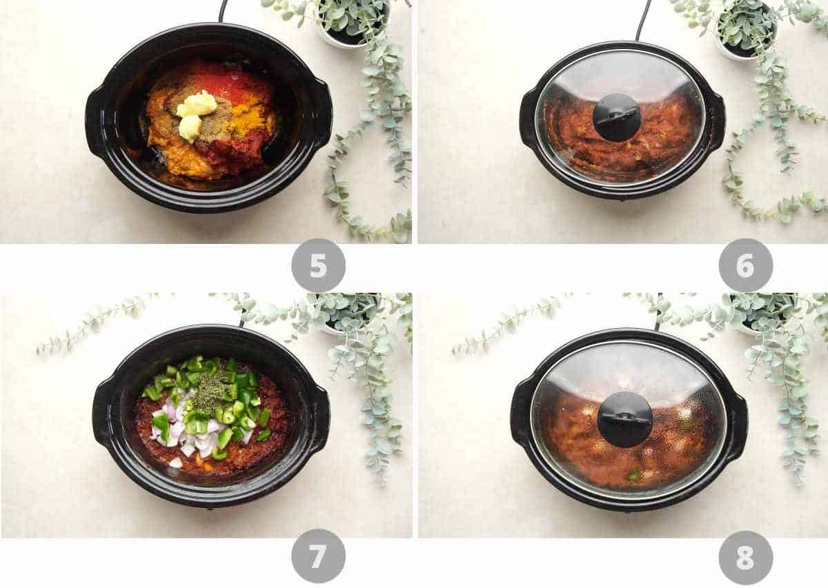 Step by step picture collage showing how to make slow cooker chicken tikka masala