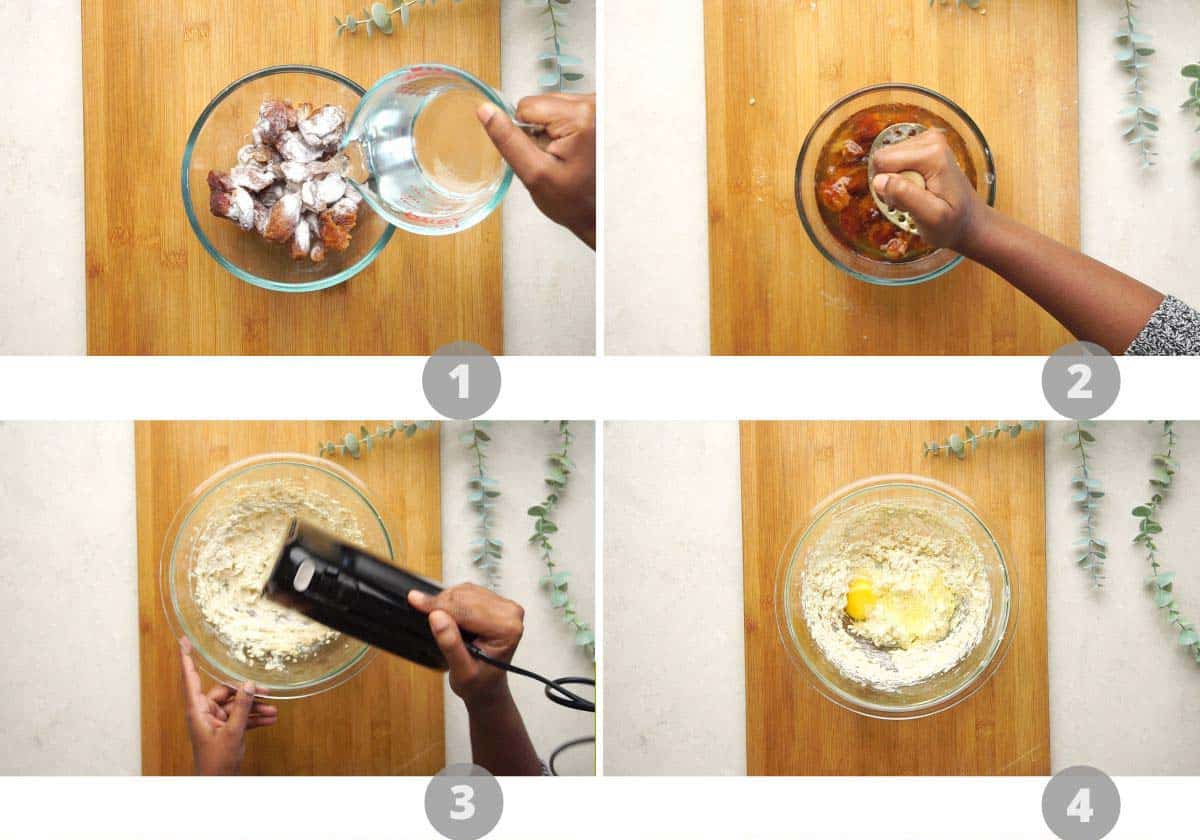 Step by step picture collage showing how to make sticky toffee pudding