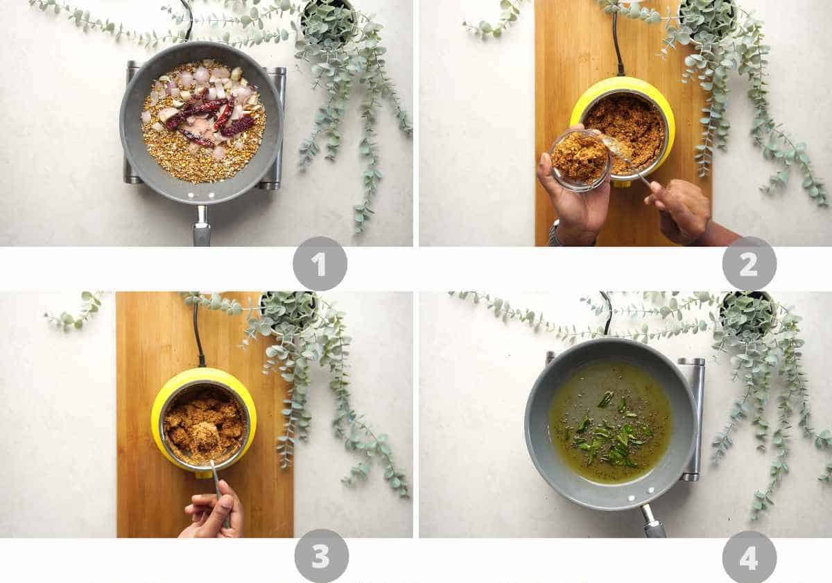 Step by step picture collage showing how to make stuffed brinjal