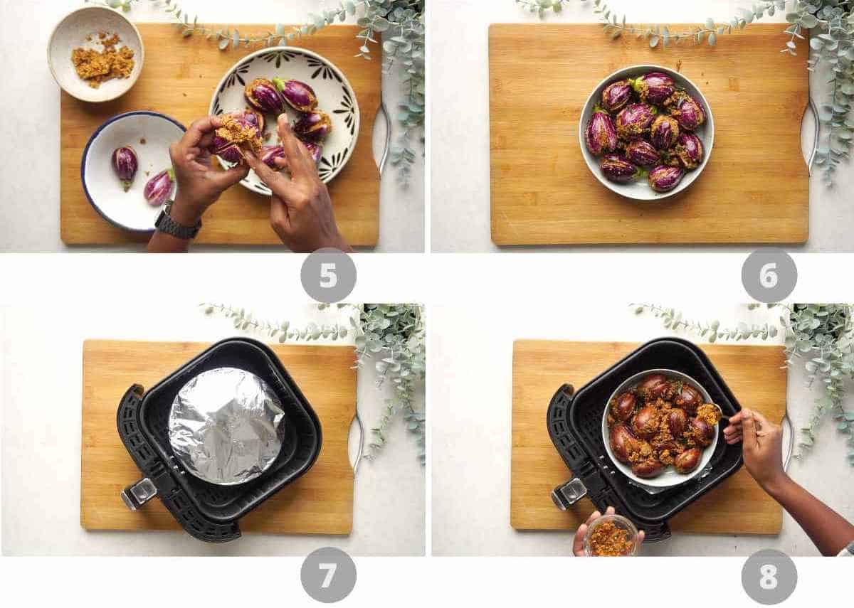 Step by step picture collage showing how to make stuffed brinjal