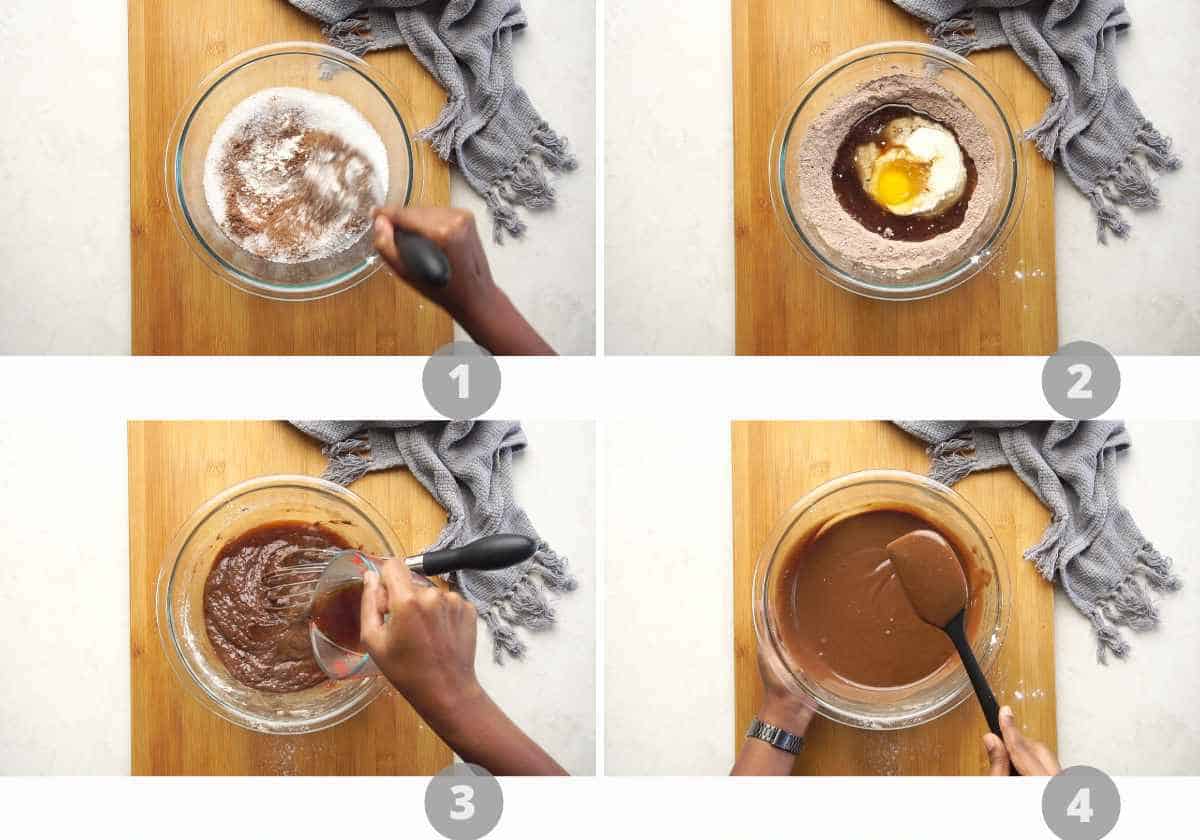 Step by step picture collage showing how to make chocolate cake