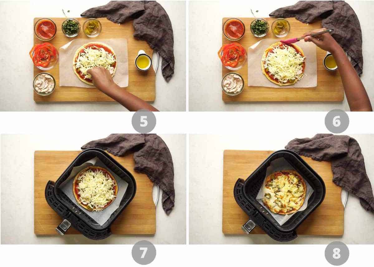 Step by step picture collage showing how to make air fryer baked pizza