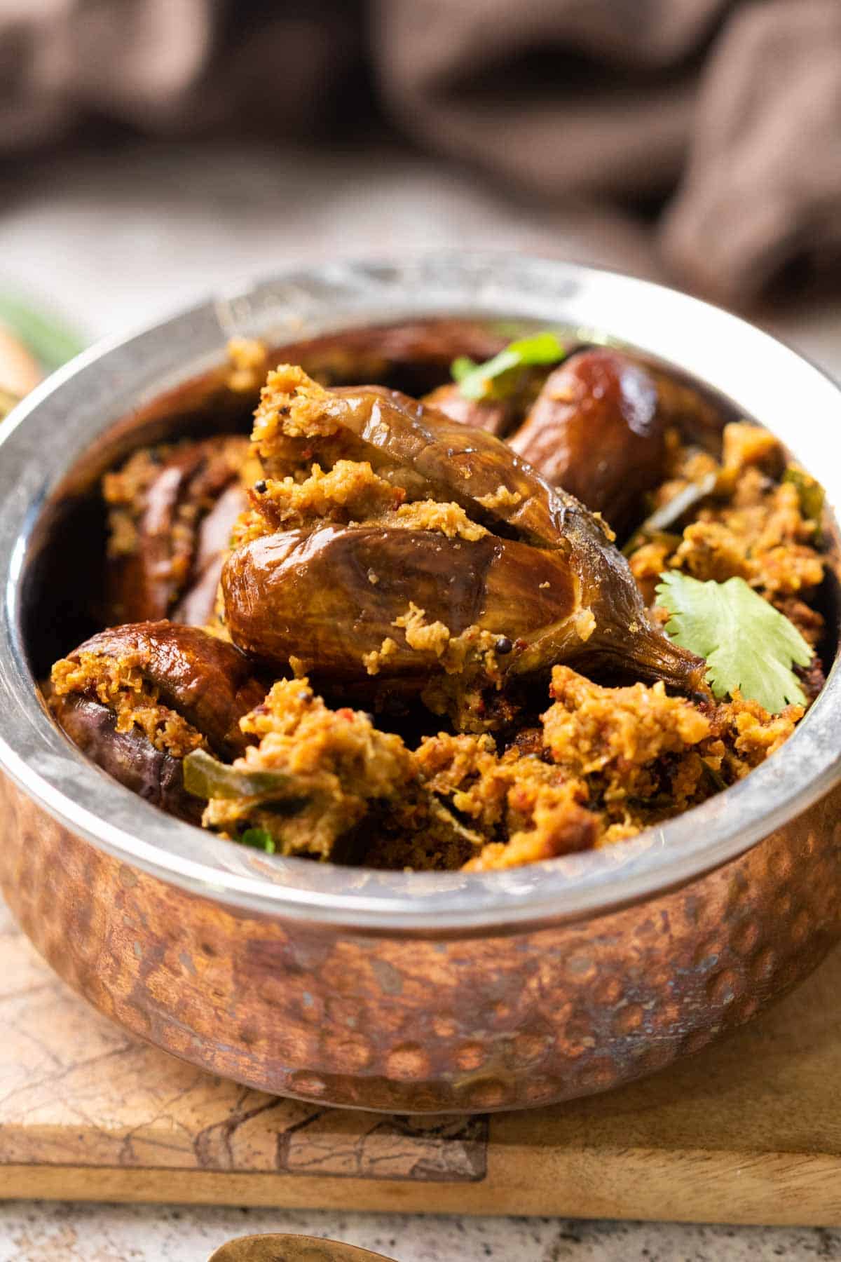 stuffed baingan served in a bowl