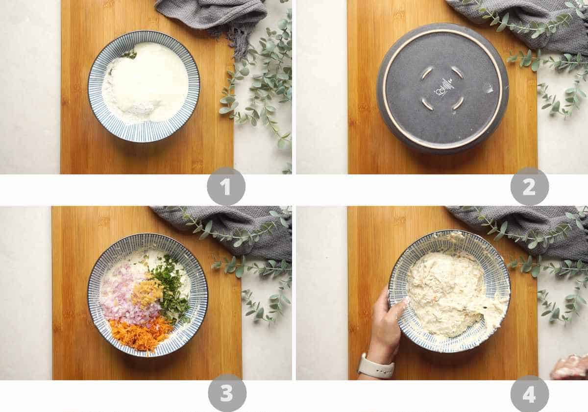 Step by step picture collage showing how to make mysore curd bonda