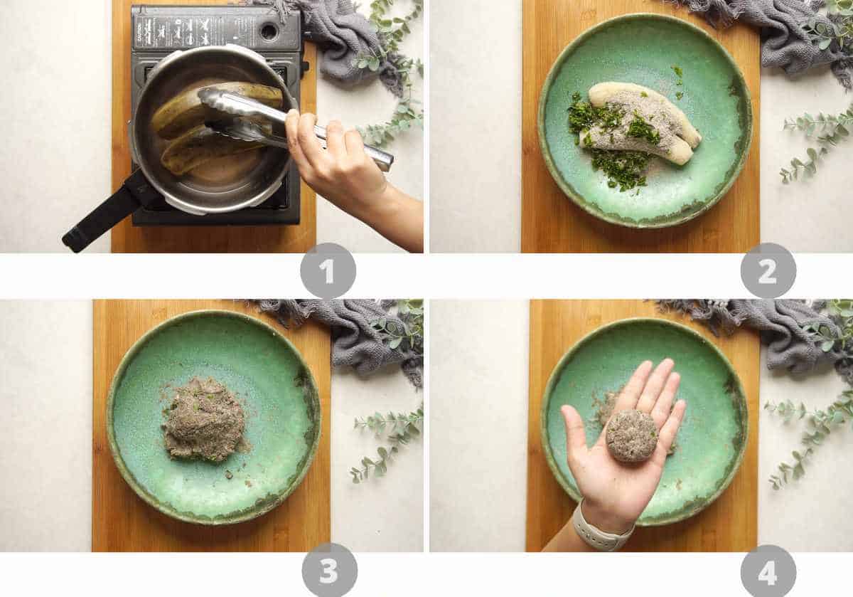 step by step image collage showing how to make raw banana tikki