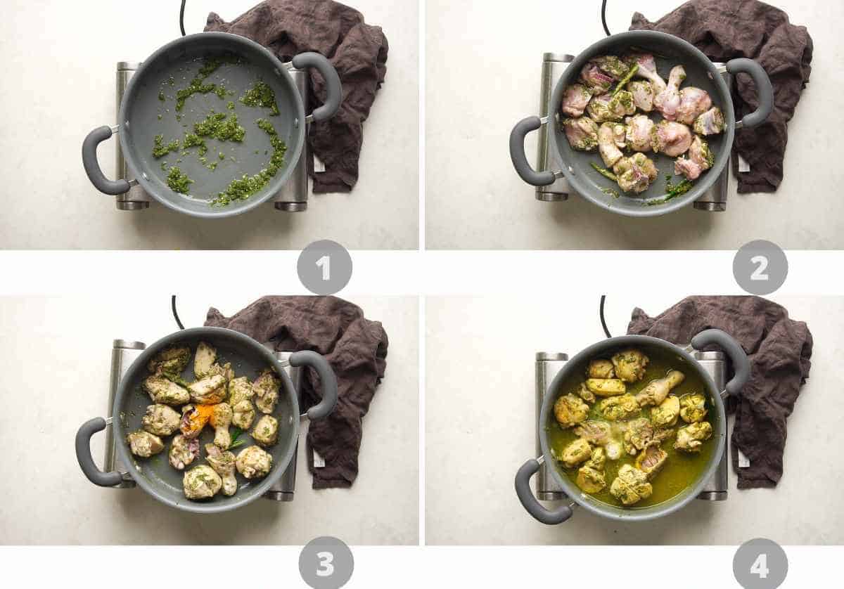 Step by step picture collage showing how to make andhra chilli chicken