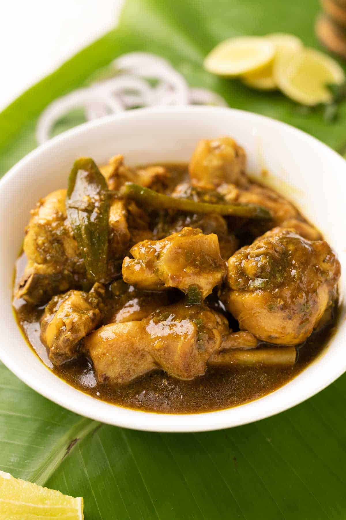 shot of andhra chilli chicken in a white bowl