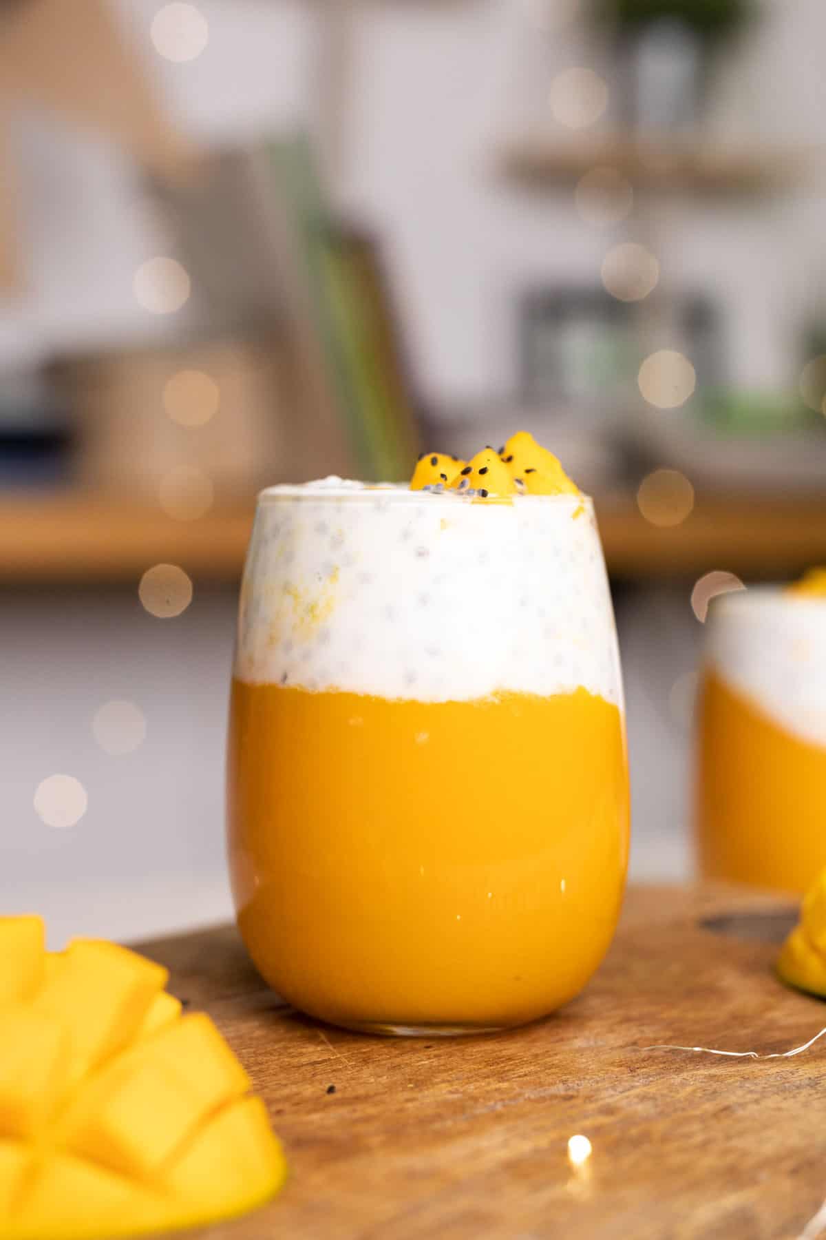 The Mango Chia seed breakfast drink served in a glass.