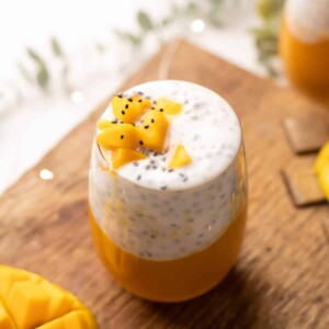 The Mango Chia seed breakfast drink served in a glass.