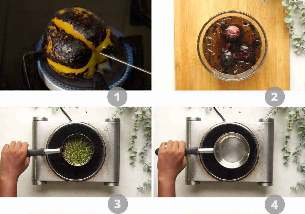 step by step image collage showing how to make roasted tomato salsa