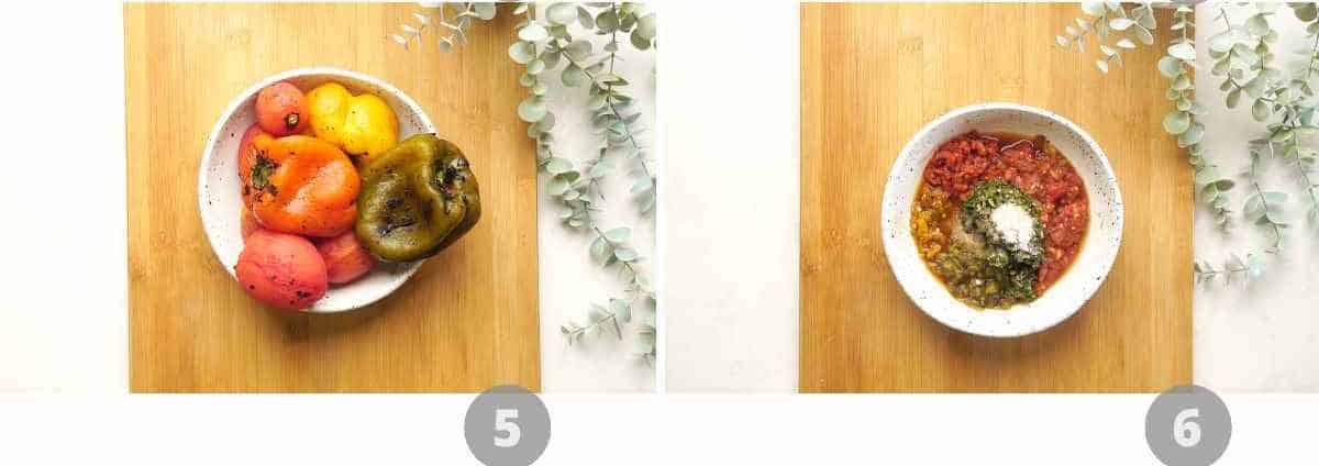 Step by step picture collage showing how to make roasted tomato salsa