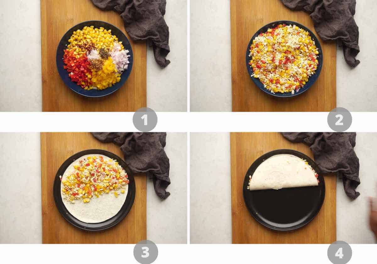 Step by step picture collage showing how to make quesadilla