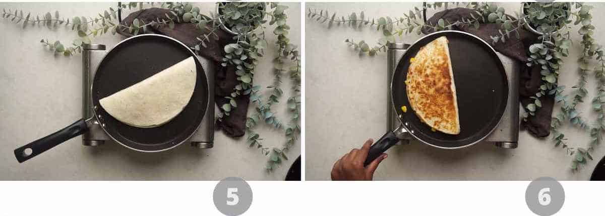 Step by step picture collage showing how to make quesadilla