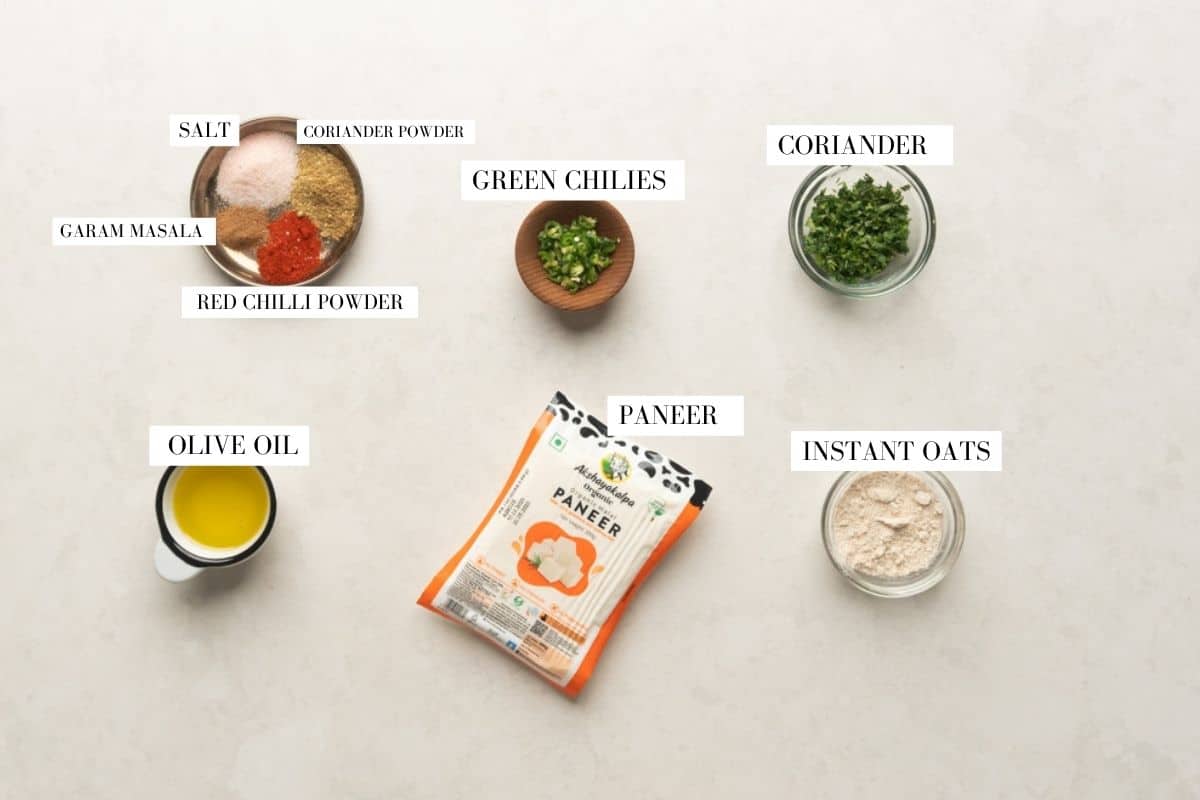 Picture of all the ingredients forI Palak Paneer kofta curry with text to identify them