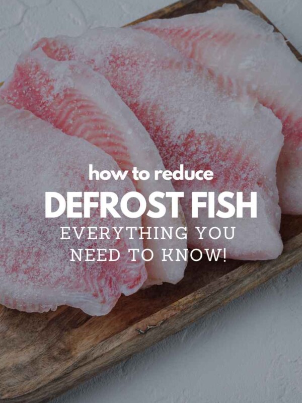 frozen fish on a wooden platter with text overlay