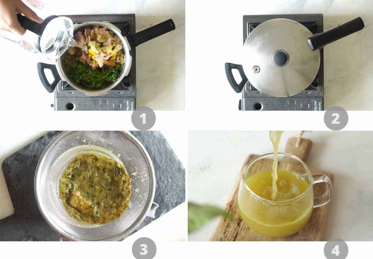 Step by step picture collage showing how to make turmeric chicken soup