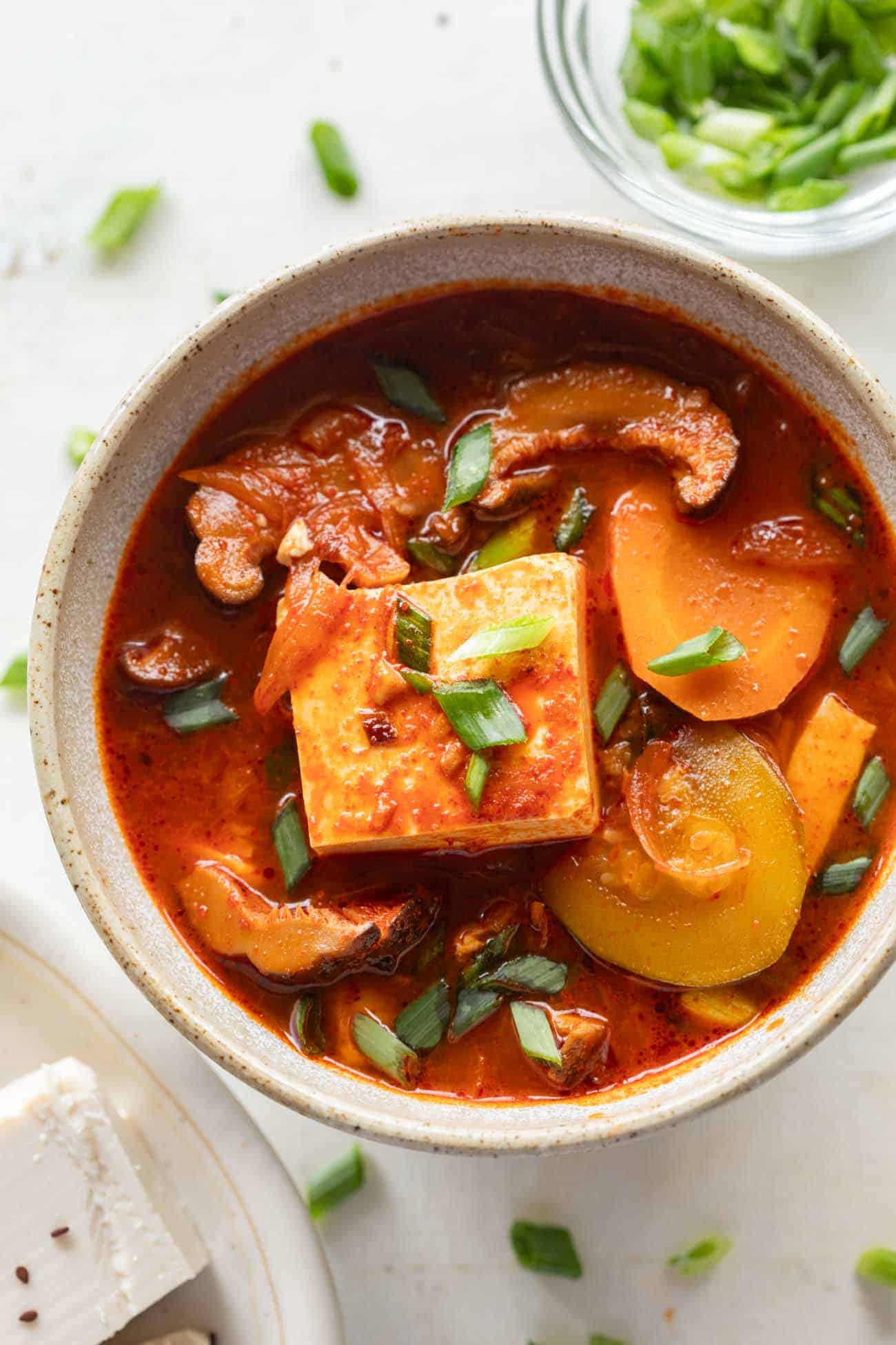 korean soft tofu stew in a white bowl