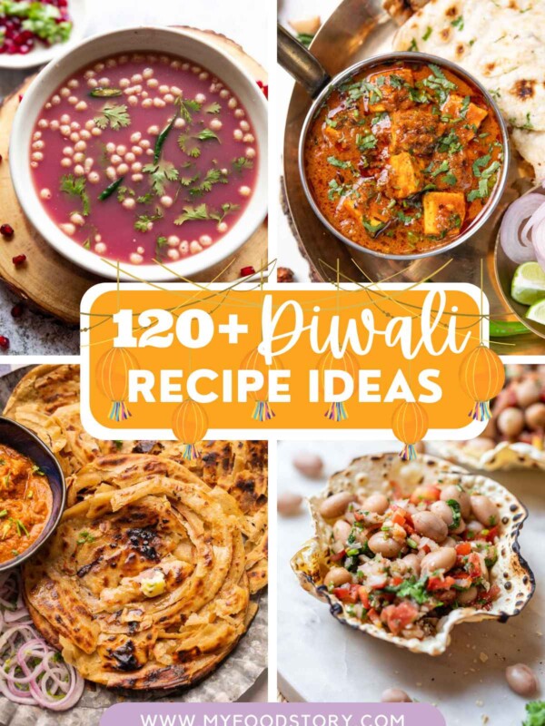 Picture Collage of 4 diwali recipe photographs with text overlay