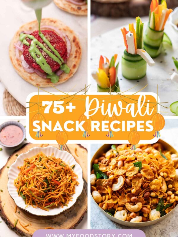 Picture Collage of 4 diwali recipe photographs with text overlay