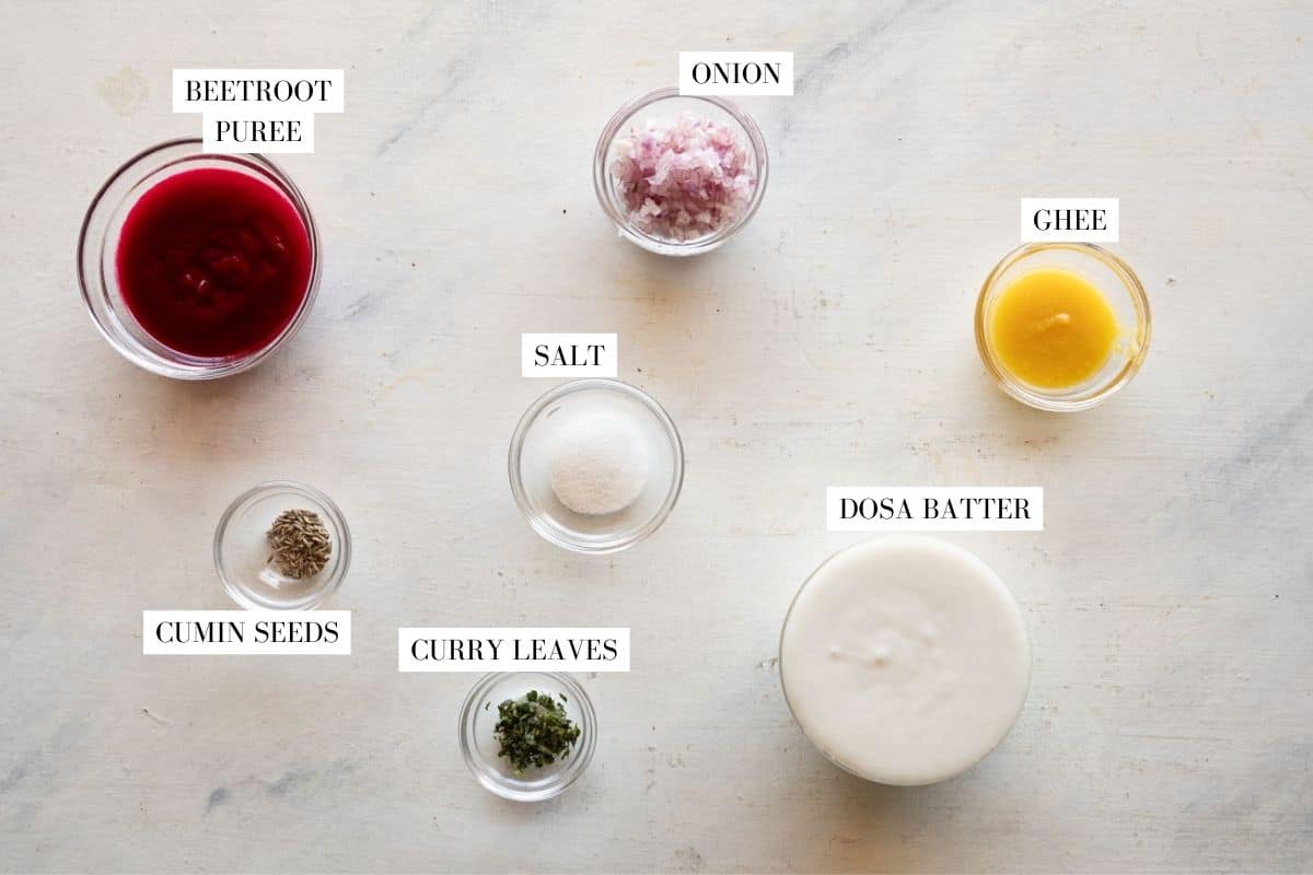 All the ingredients for beetroot appe with text to identify them