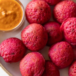 Close up of beetroot paniyaram