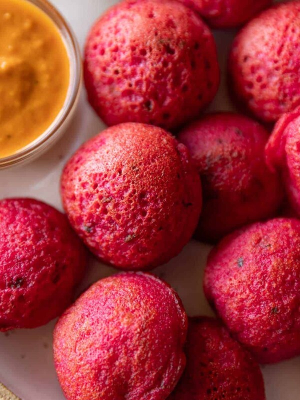 Close up of beetroot paniyaram