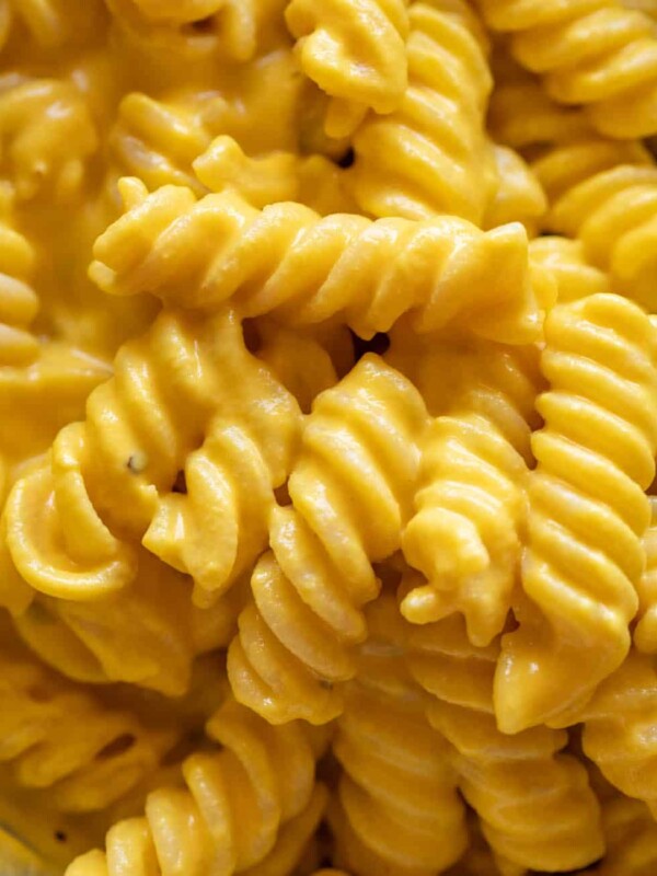 Close up of carrot pasta to show the creamy texture