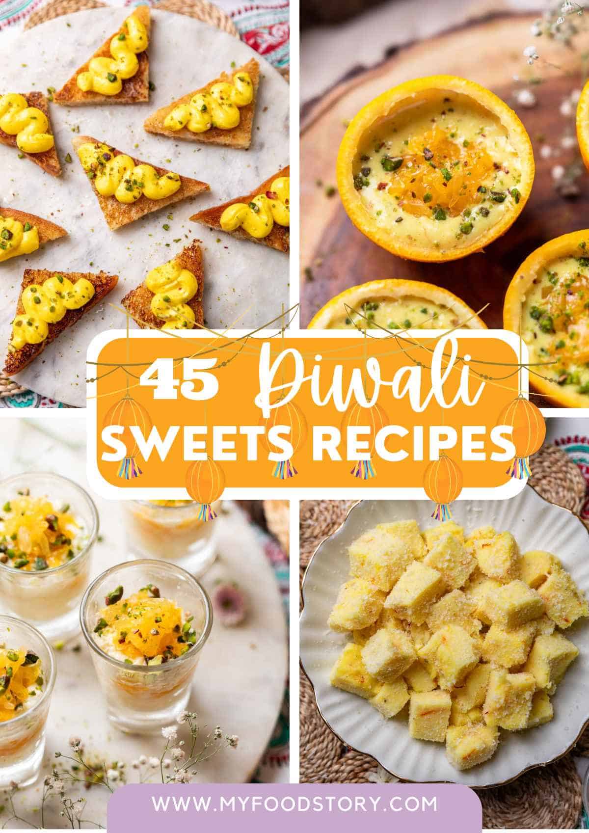 Picture Collage showing 4 diwali sweets recipe photographs with text overlay